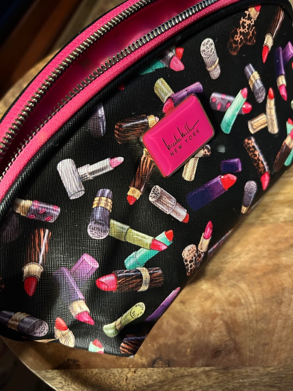 Nicole Miller Black Cosmetic Pouch with Multicolor Lipstick Print and Pink Trim